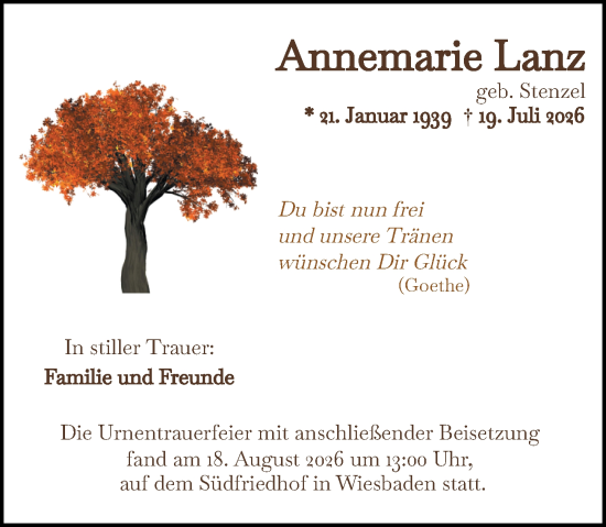 Traueranzeige von Annemarie Lanz von Wiesbadener Kurier