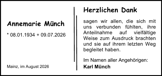 Traueranzeige von Annemarie Münch von Allgemeine Zeitung Mainz