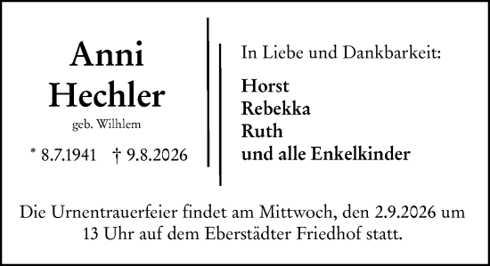 Traueranzeige von Anni Hechler von Darmstädter Echo