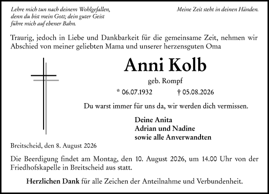 Traueranzeige von Anni Kolb von Dill Block