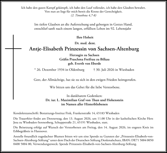 Traueranzeige von Antje-Elisabeth Prinzessin von Sachsen-Altenburg von Wiesbadener Kurier
