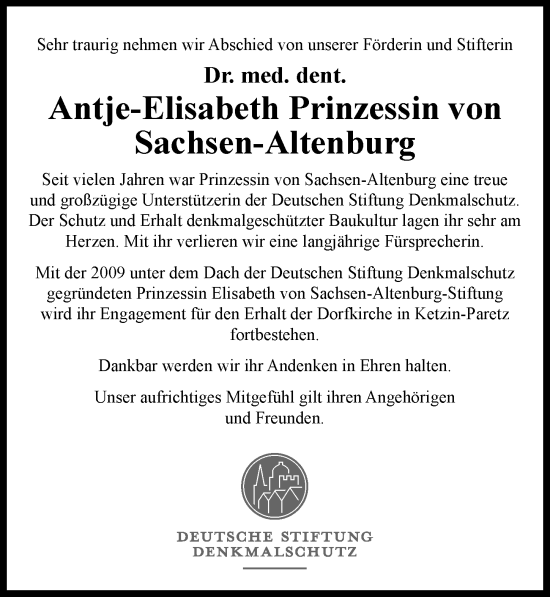 Traueranzeige von Antje-Elisabeth Prinzessin von Sachsen-Altenburg von Wiesbadener Kurier