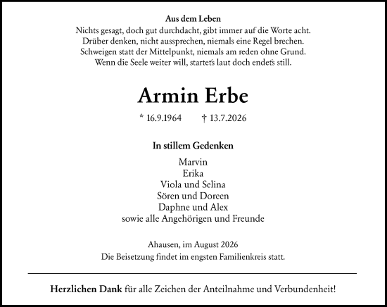 Traueranzeige von Armin Erbe von Weilburger Tageblatt