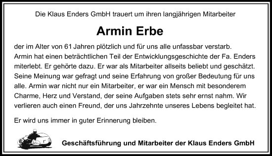 Traueranzeige von Armin Erbe von Weilburger Tageblatt