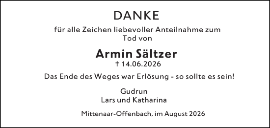 Traueranzeige von Armin Sältzer von Dill Block
