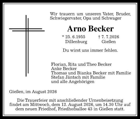 Traueranzeige von Arno Becker von Dill Block