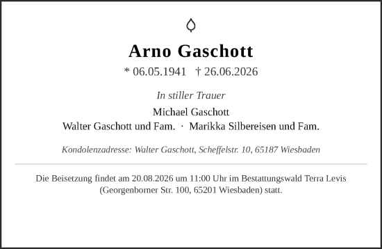 Traueranzeige von Arno Gaschott von Wiesbadener Kurier