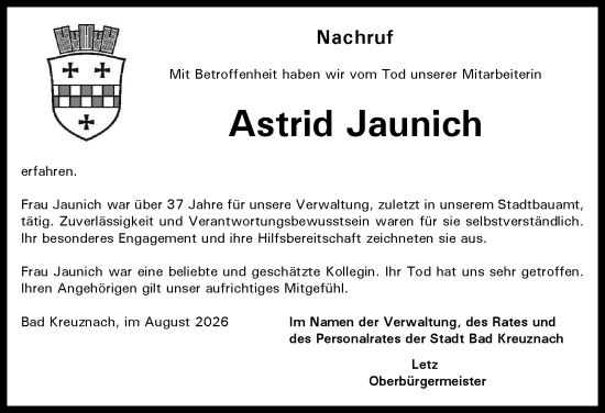 Traueranzeige von Astrid Jaunich von Allgemeine Zeitung Rheinhessen-Nahe