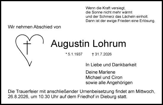 Traueranzeige von Augustin Lohrum von Dieburger Anzeiger/Groß-Zimmerner Lokal-Anzeiger
