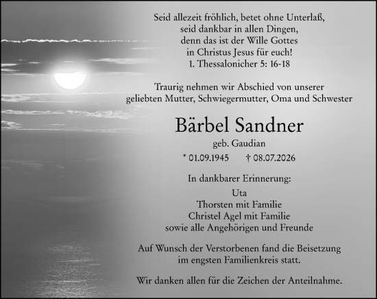 Traueranzeige von Bärbel Sandner von Wetzlarer Neue Zeitung