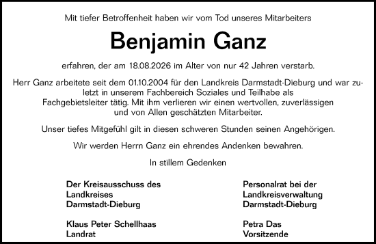 Traueranzeige von Benjamin Ganz von Darmstädter Echo