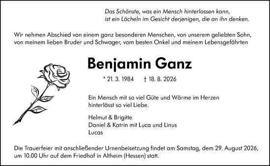 Traueranzeige von Benjamin Ganz von Darmstädter Echo