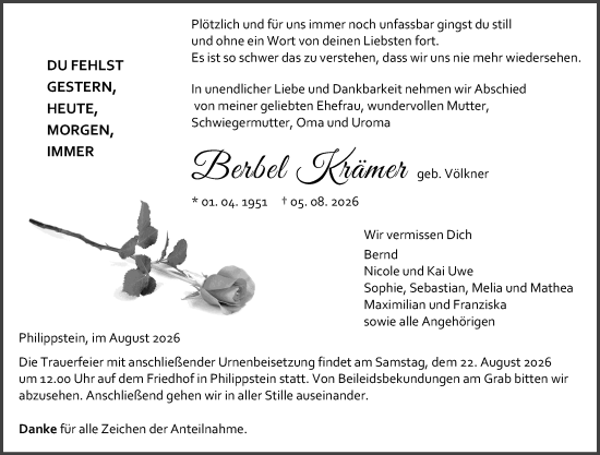 Traueranzeige von Berbel Krämer von Wetzlarer Neue Zeitung
