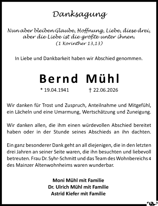 Traueranzeige von Bernd Mühl von Allgemeine Zeitung Mainz