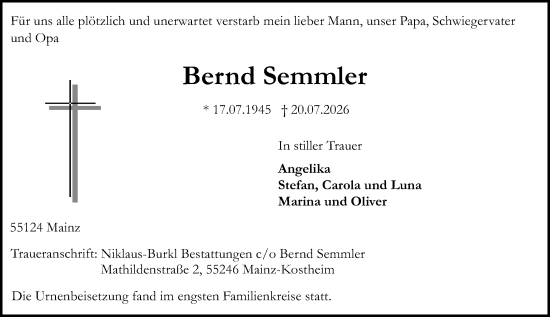 Traueranzeige von Bernd Semmler von Allgemeine Zeitung Mainz