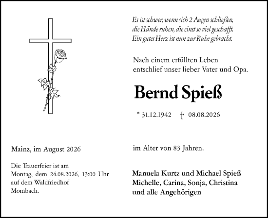Traueranzeige von Bernd Spieß von Allgemeine Zeitung Mainz