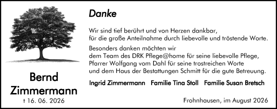 Traueranzeige von Bernd Zimmermann von Dill Block