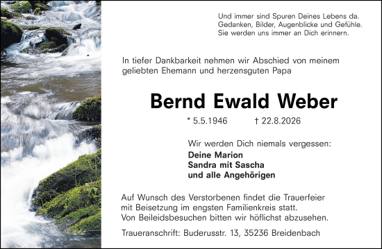 Traueranzeige von Bernd Ewald Weber von Hinterländer Anzeiger