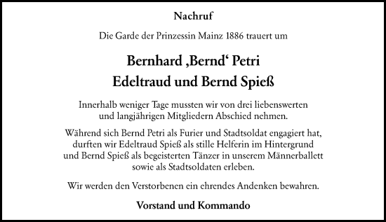 Traueranzeige von Bernhard Petri von Allgemeine Zeitung Mainz