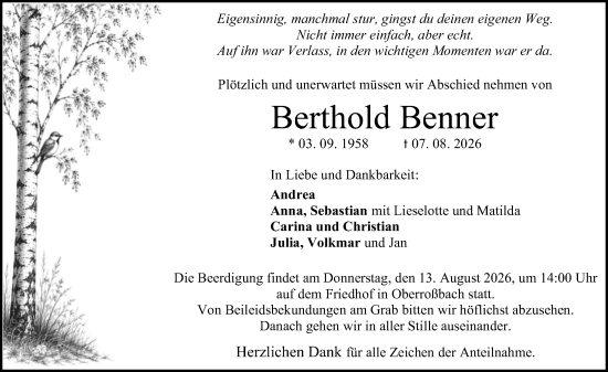 Traueranzeige von Berthold Benner von Dill Block