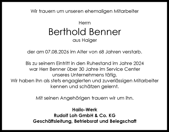 Traueranzeige von Berthold Benner von Dill Block
