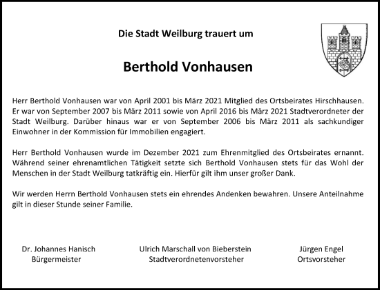 Traueranzeige von Berthold Vonhausen von Weilburger Tageblatt