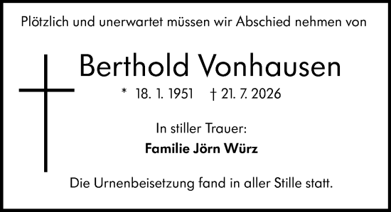 Traueranzeige von Berthold Vonhausen von Weilburger Tageblatt