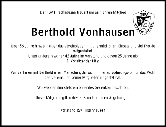 Traueranzeige von Berthold Vonhausen von Weilburger Tageblatt