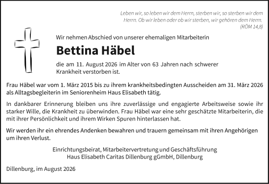 Traueranzeige von Bettina Häbel von Dill Block