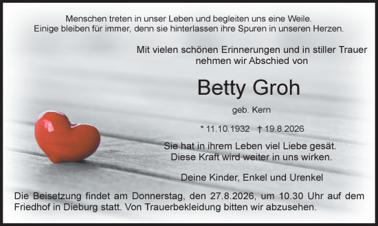 Traueranzeige von Betty Groh von Dieburger Anzeiger/Groß-Zimmerner Lokal-Anzeiger