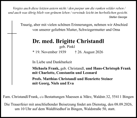 Traueranzeige von Brigitte Christandl von Allgemeine Zeitung Rheinhessen-Nahe