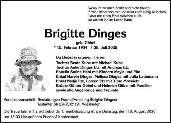 Traueranzeige von Brigitte Dinges von Hochheimer Zeitung