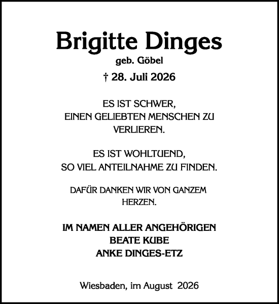 Traueranzeige von Brigitte Dinges von Hochheimer Zeitung
