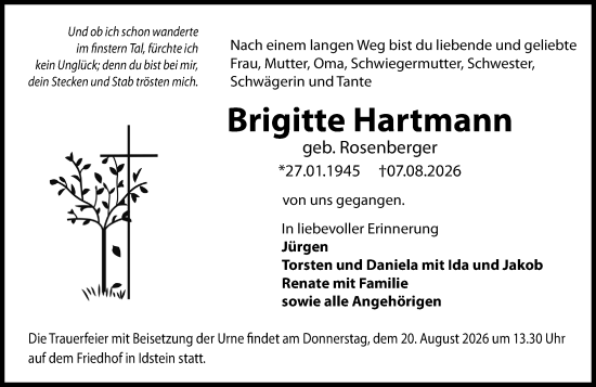 Traueranzeige von Brigitte Hartmann von Idsteiner Land/Untertaunus