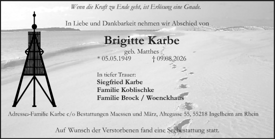 Traueranzeige von Brigitte Karbe von Allgemeine Zeitung Rheinhessen-Nahe