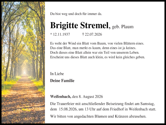 Traueranzeige von Brigitte Stremel von Hinterländer Anzeiger