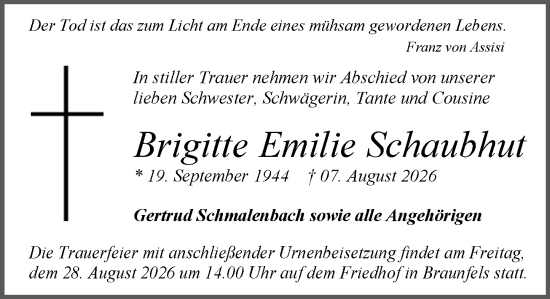 Traueranzeige von Brigitte Emilie Schaubhut von Wetzlarer Neue Zeitung