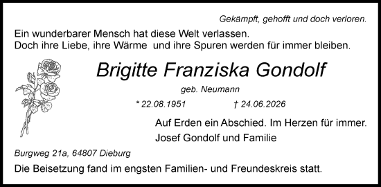 Traueranzeige von Brigitte Franziska Gondolf von Dieburger Anzeiger/Groß-Zimmerner Lokal-Anzeiger