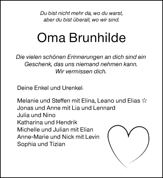 Traueranzeige von Brunhilde Mankel von Hinterländer Anzeiger