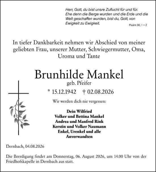 Traueranzeige von Brunhilde Mankel von Hinterländer Anzeiger