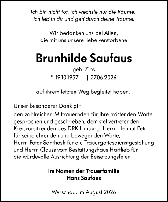 Traueranzeige von Brunhilde Saufaus von Camberger Anzeiger
