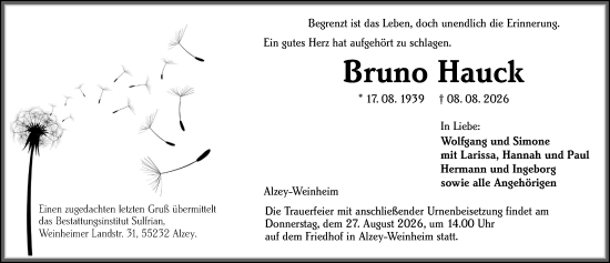 Traueranzeige von Bruno Hauck von Allgemeine Zeitung Alzey