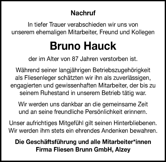 Traueranzeige von Bruno Hauck von Allgemeine Zeitung Alzey