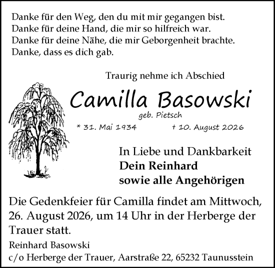 Traueranzeige von Camilla Basowski von Rheingau-Taunus-Kreis Wochenblatt