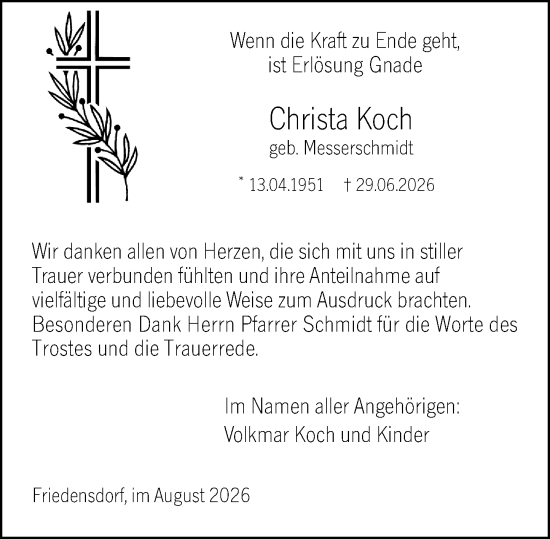 Traueranzeige von Christa Koch von Hinterländer Anzeiger