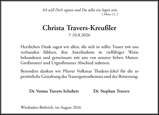 Traueranzeige von Christa Travers-Kreußler von Wiesbadener Kurier