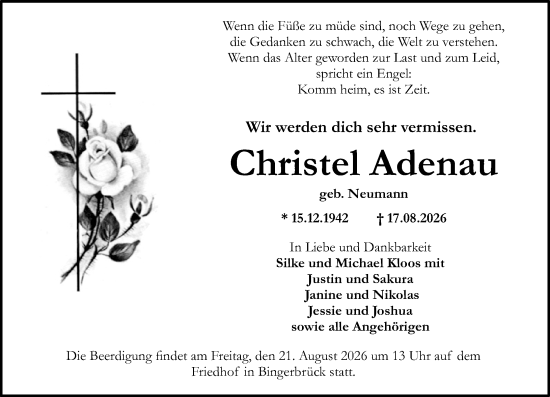 Traueranzeige von Christel Adenau von Allgemeine Zeitung Rheinhessen-Nahe