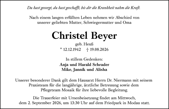 Traueranzeige von Christel Beyer von Darmstädter Echo