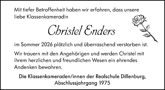 Traueranzeige von Christel Enders von Dill Block