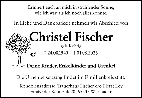 Traueranzeige von Christel Fischer von Wiesbadener Kurier